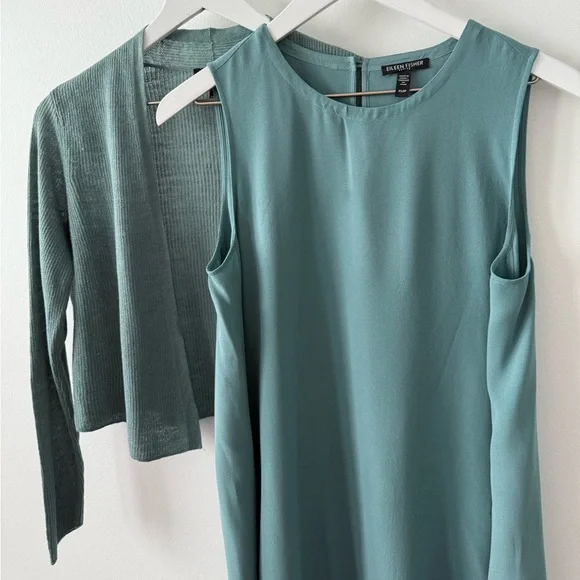 Eileen Fisher Silk Georgette Crepe Round Neck Dress Teal SP - Picture 8 of 9